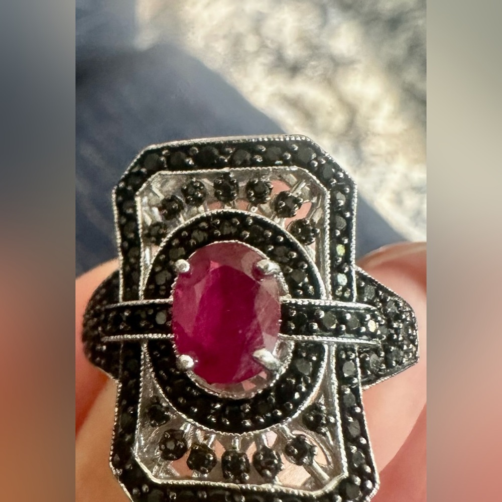 Black spinel and lab created red ruby size 10 vintage ring.
